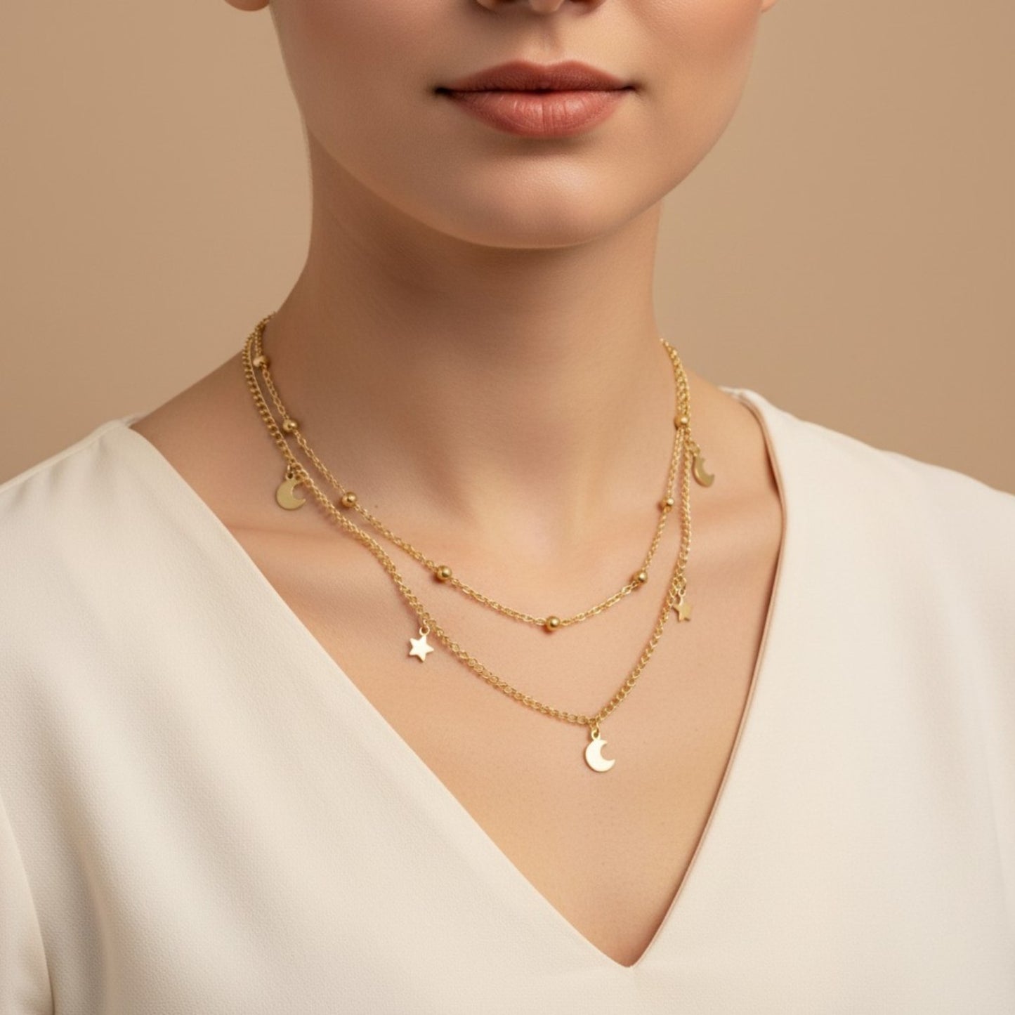 MOON AND STAR CHARM LAYERED NECKLACE